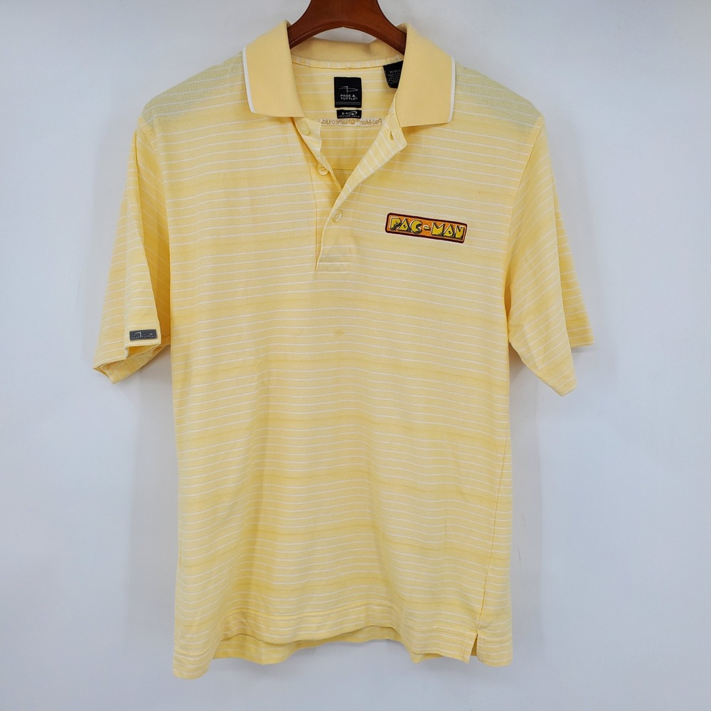 Page & Tuttle Pac-Man Polo Shirt Golf M Yellow Striped Moisture Wicking Namco